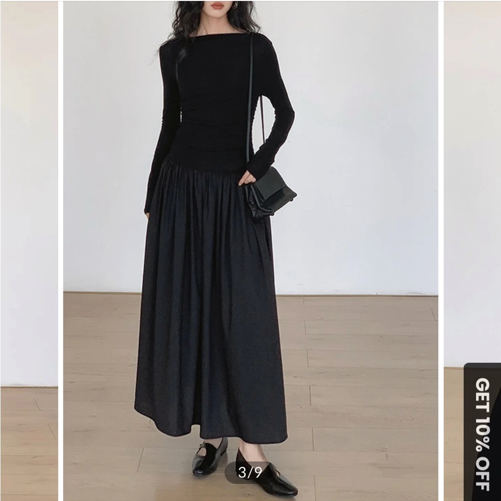 Commense pleated patchwork knit long sleeve midi dress BLACK LARGE